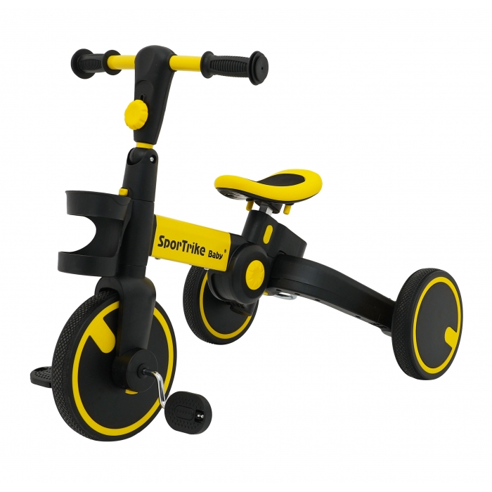 Tricicleta pentru copii SporTrike Galben 3 in 1 cu pedale, roti din cauciuc, scaun reglabil in 2 trepte, suport pahar, maner reglabil pe inaltime si detasabil