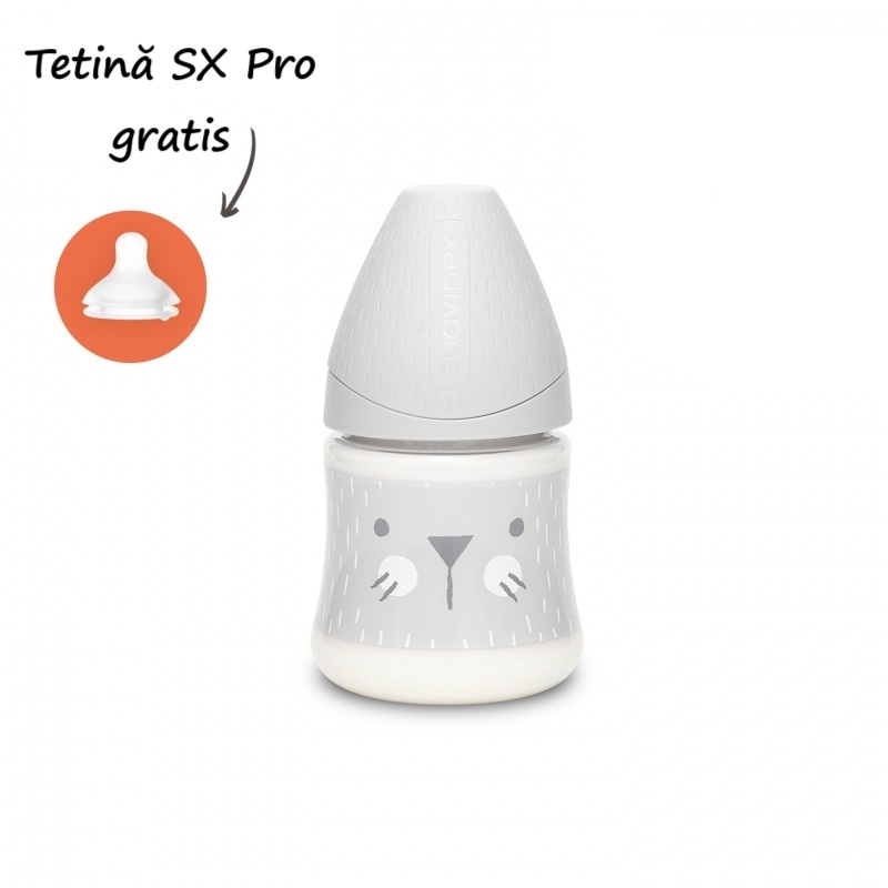 Biberon cu tetina rotunda din silicon debit lent pisica gri Hygge Suavinex 150 ml