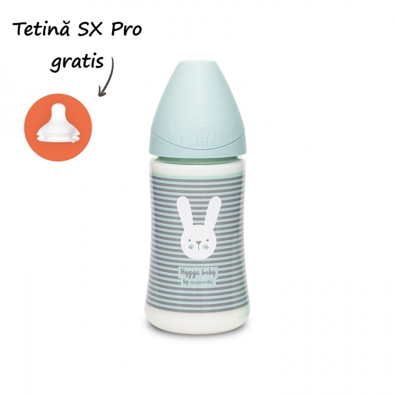 Biberon cu tetina rotunda din silicon cu 3 fluxuri iepuras cu linii verzi  Hygge Suavinex 270 ml - 2 | YEO