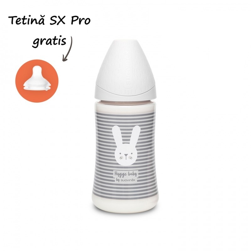 Biberon cu tetina rotunda din silicon cu 3 fluxuri iepuras cu linii gri Hygge Suavinex 270 ml