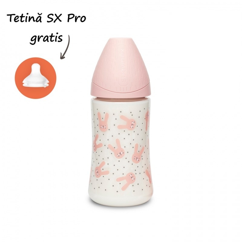 Biberon cu tetina rotunda din silicon cu 3 fluxuri iepuras roz Hygge Suavinex 270 ml - 2 | YEO