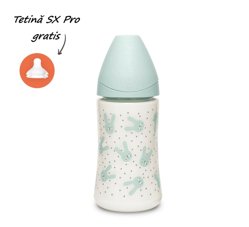 Biberon cu tetina rotunda din silicon cu 3 fluxuri iepuras verde Hygge Suavinex 270 ml