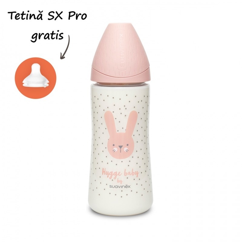 Biberon cu tetina rotunda din silicon debit dens Hygge Suavinex 360 ml iepuras roz