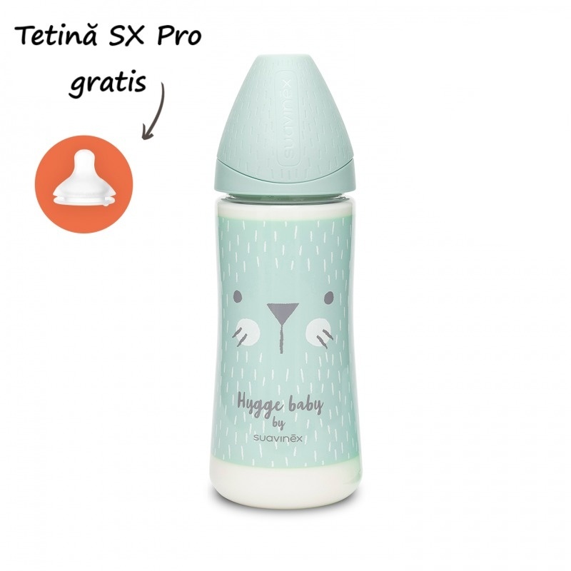 Biberon 360 ml cu tetina rotunda din silicon Hygge Suavinex debit dens pisica verde