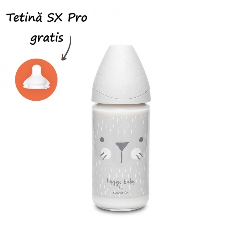 Biberon din sticla cu tetina rotunda din silicon cu 3 fluxuri pisica gri Hygge Suavinex 240 ml