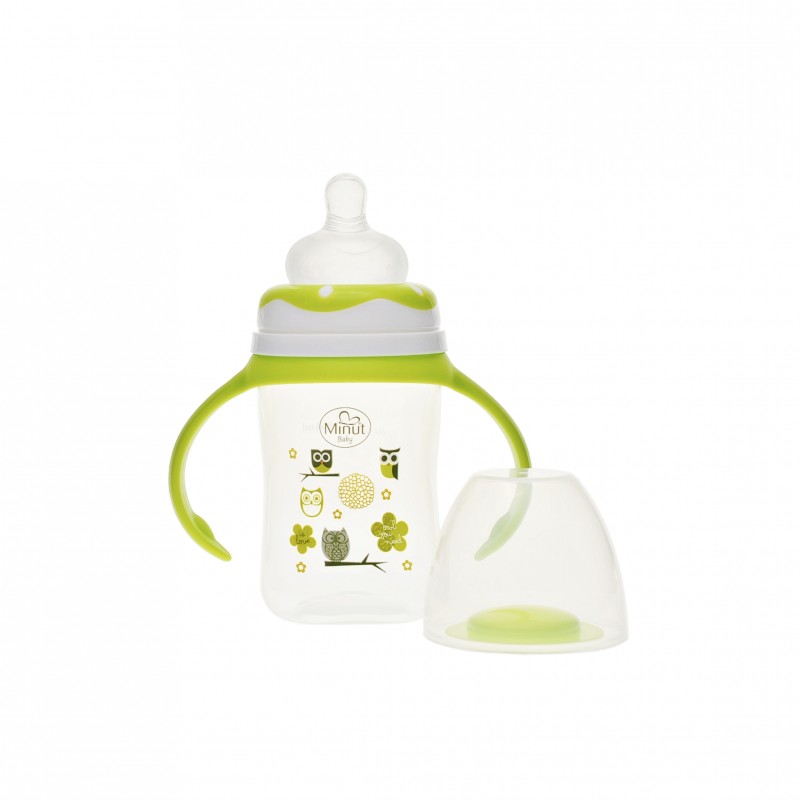 Biberon gat larg cu manere Minut Baby cu tetina silicon 0+ 150 ml verde - 1 | YEO