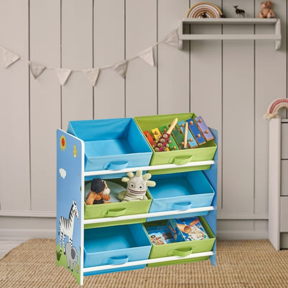 Organizator din lemn Ginger Home pentru jucarii cu 6 cutii textile Savanna