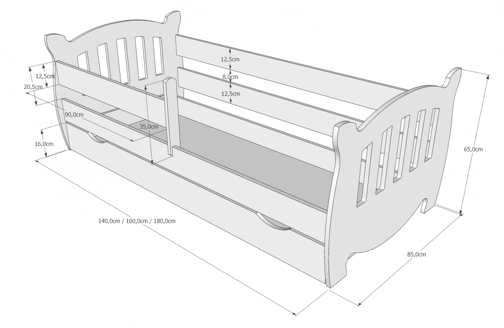 Pat din lemn cu protectie laterala Kubus 140x80 cm Alb - 1