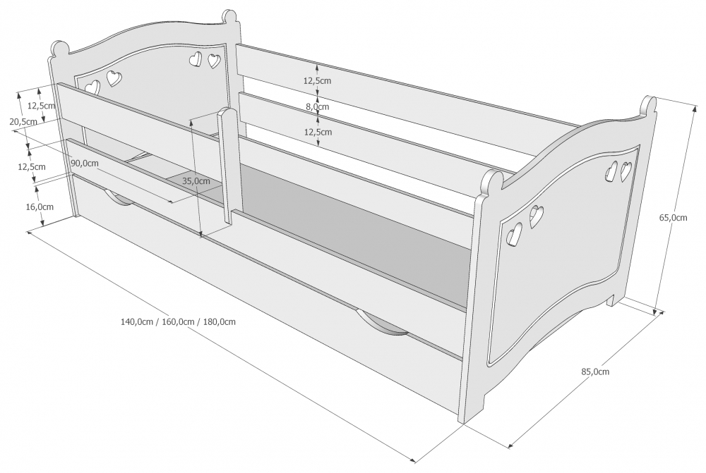 Pat din lemn cu protectie laterala Laura 140x80 cm Alb