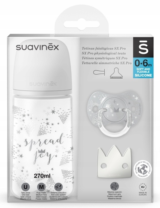 Set cadou biberon 270 ml + suzeta 0-6m si clema Spread Joy Suavinex Silver Premium - 1 | YEO