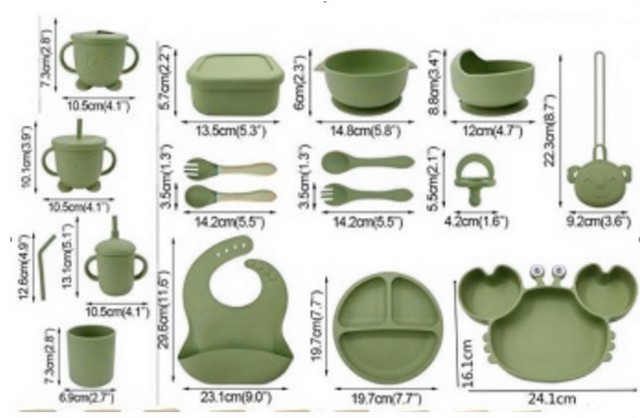 Set diversificare hrana bebelusi din silicon cu 19 elemente Green Crab