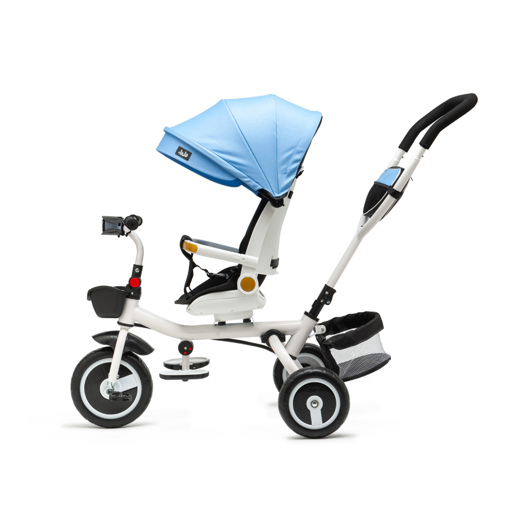 Tricicleta pentru copii Juju Bliss Ride Albastru, 3 in 1, pozitie de somn, reversibila, far luminos, muzica, cos depozitare, gentuta, protectie UV, cauciucuri spuma EVA, greutate maxima admisa 25kg