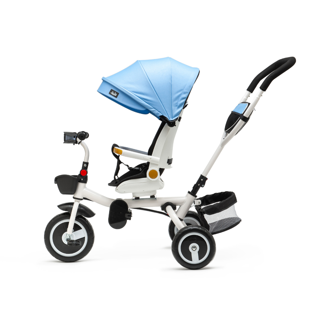 Tricicleta pentru copii Juju Bliss Ride Albastru, 3 in 1, pozitie de somn, reversibila, far luminos, muzica, cos depozitare, gentuta, protectie UV, cauciucuri spuma EVA, greutate maxima admisa 25kg - 1 | YEO