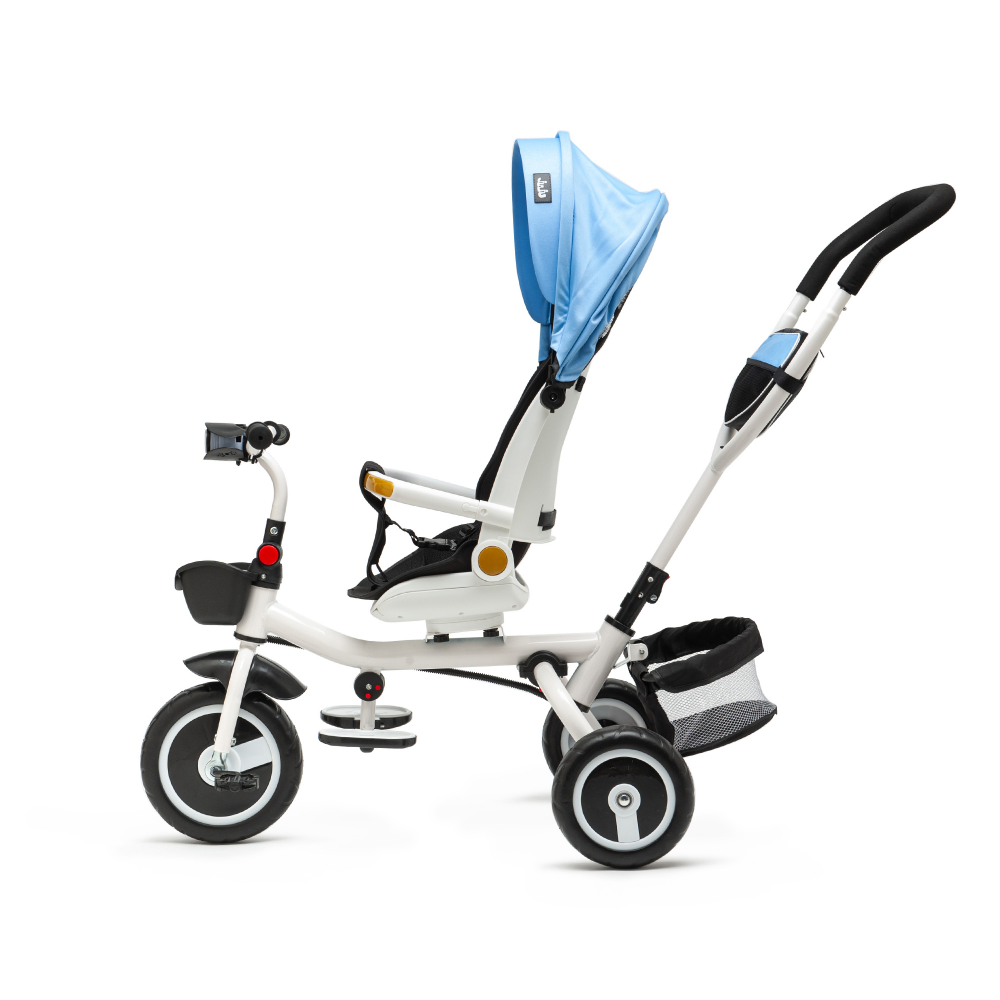 Tricicleta pentru copii Juju Bliss Ride Albastru, 3 in 1, pozitie de somn, reversibila, far luminos, muzica, cos depozitare, gentuta, protectie UV, cauciucuri spuma EVA, greutate maxima admisa 25kg - 2 | YEO