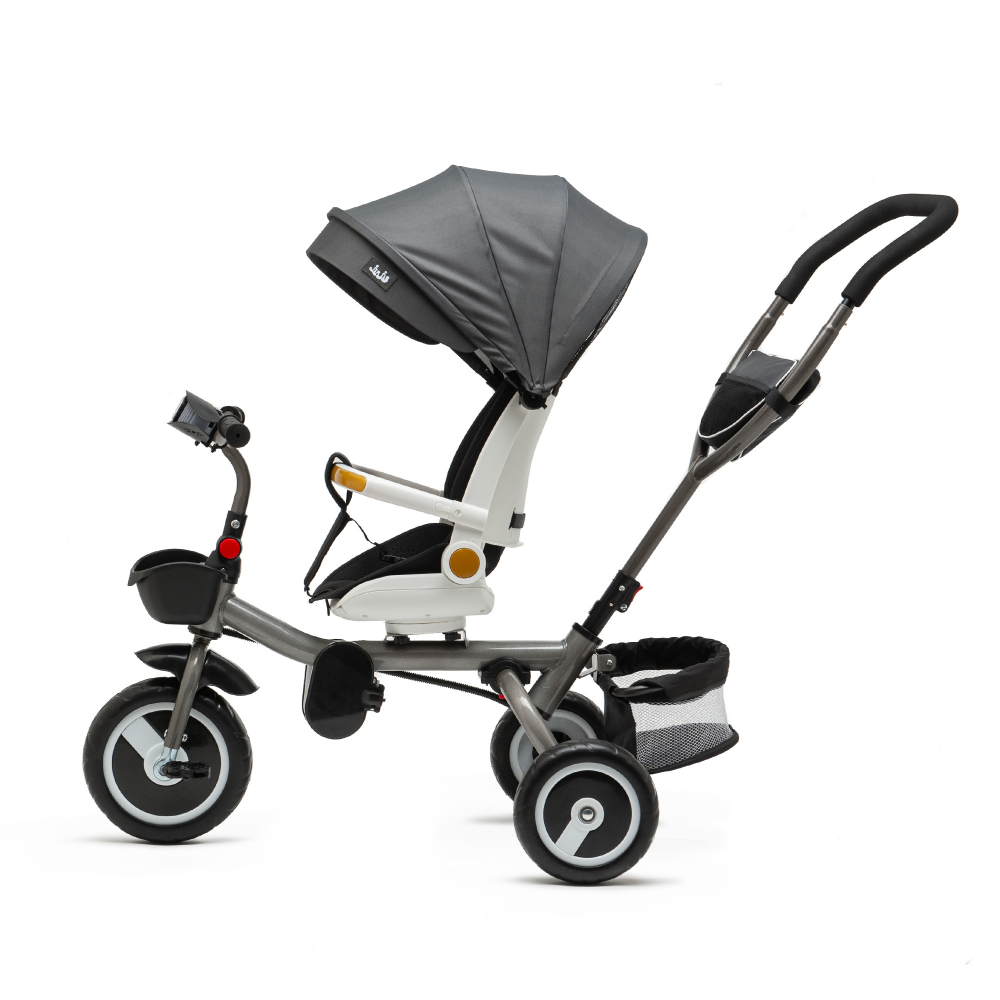 Tricicleta pentru copii Juju Bliss Ride Gri, 3 in 1, pozitie de somn, reversibila, far luminos, muzica, cos depozitare, gentuta, protectie UV, cauciucuri spuma EVA, greutate maxima admisa 25kg - 1 | YEO