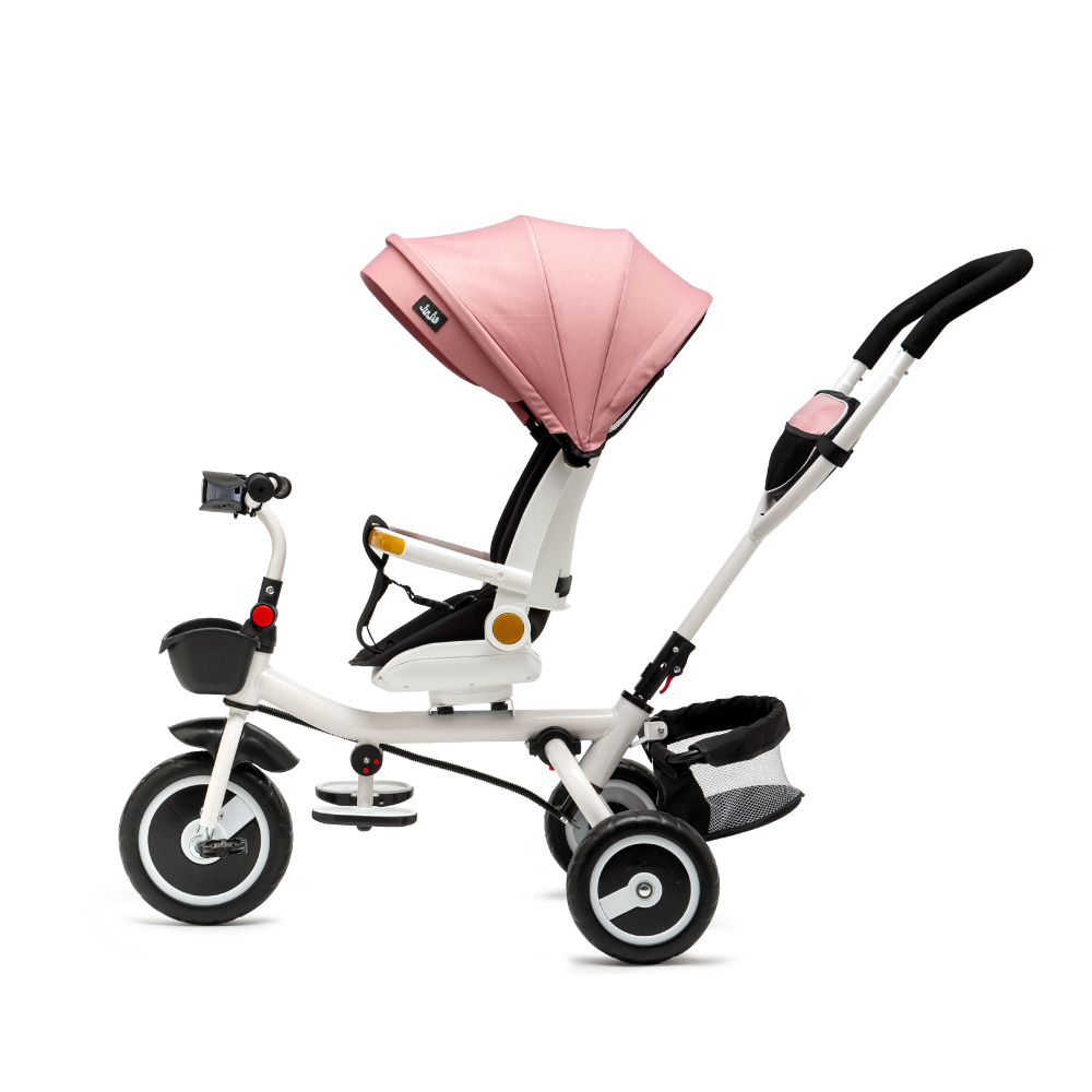 Tricicleta pentru copii Juju Bliss Ride Roz, 3 in 1, pozitie de somn, reversibila, far luminos, Muzica, cos depozitare, gentuta, protectie UV, cauciucuri spuma EVA, greutate maxima admisa 25kg