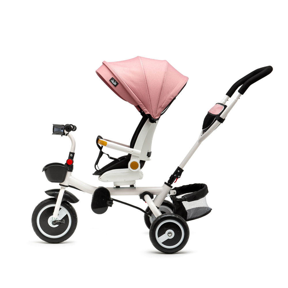 Tricicleta pentru copii Juju Bliss Ride Roz, 3 in 1, pozitie de somn, reversibila, far luminos, Muzica, cos depozitare, gentuta, protectie UV, cauciucuri spuma EVA, greutate maxima admisa 25kg - 1 | YEO