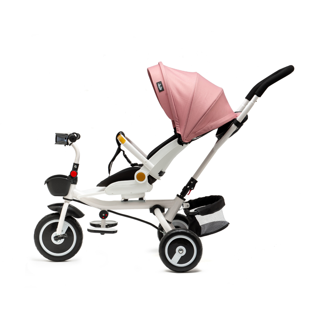 Tricicleta pentru copii Juju Bliss Ride Roz, 3 in 1, pozitie de somn, reversibila, far luminos, Muzica, cos depozitare, gentuta, protectie UV, cauciucuri spuma EVA, greutate maxima admisa 25kg - 3 | YEO