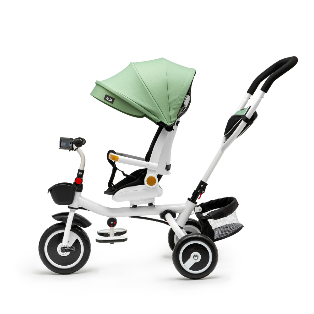 Tricicleta pentru copii Juju Bliss Ride Verde, 3 in 1, pozitie de somn, reversibila, far luminos, muzica, cos depozitare, gentuta, protectie UV, cauciucuri spuma EVA, greutate maxima admisa 25kg