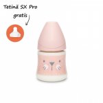 Biberon cu tetina rotunda din silicon debit lent pisica roz Hygge Suavinex 150 ml