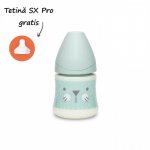 Biberon cu tetina rotunda din silicon debit lent pisica verde Hygge Suavinex 150 ml