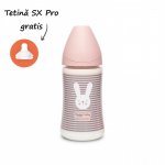 Biberon cu tetina rotunda din silicon cu 3 fluxuri iepuras cu linii roz Hygge Suavinex 270 ml