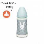 Biberon cu tetina rotunda din silicon cu 3 fluxuri iepuras cu linii verzi  Hygge Suavinex 270 ml