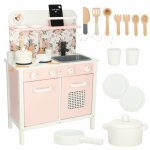 Bucatarie din lemn pentru copii, Ikonka, dimensiune 58 x 30 x 82 cm, cu accesorii incluse pink/white