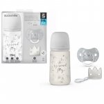 Set cadou biberon 270 ml + suzeta 0-6m si clema Spread Joy Suavinex Silver Premium