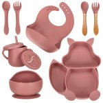 Set diversificare hrana bebelusi cu 9 elemente din silicon Dark Pink Squirrel