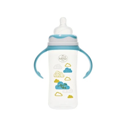 Biberon gat larg cu manere 270 ml cu tetina silicon 3+ Minut Baby turcoaz - 1 | YEO