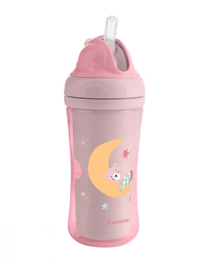 Cana cu pai din silicon KikkaBoo 220ml KikkaBoo Moony me Pink