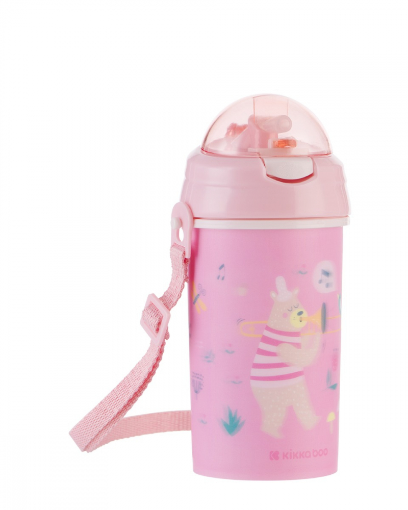 Cana cu pai din silicon si curea KikkaBoo 450ml KikkaBoo Music Fest Pink