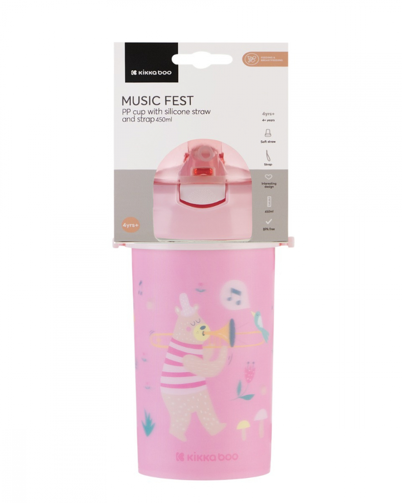 Cana cu pai din silicon si curea KikkaBoo 450ml KikkaBoo Music Fest Pink - 2 | YEO