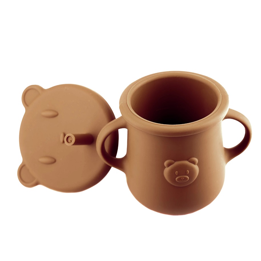 Cana din silicon cu manere capac si pai 200 ml Kidnort Teddy Bear Brown