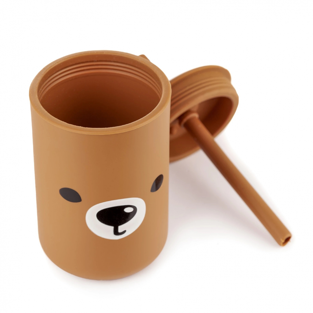 Cana din silicon cu capac si pai 200 ml Kidnort Teddy Bear Brown - 1 | YEO