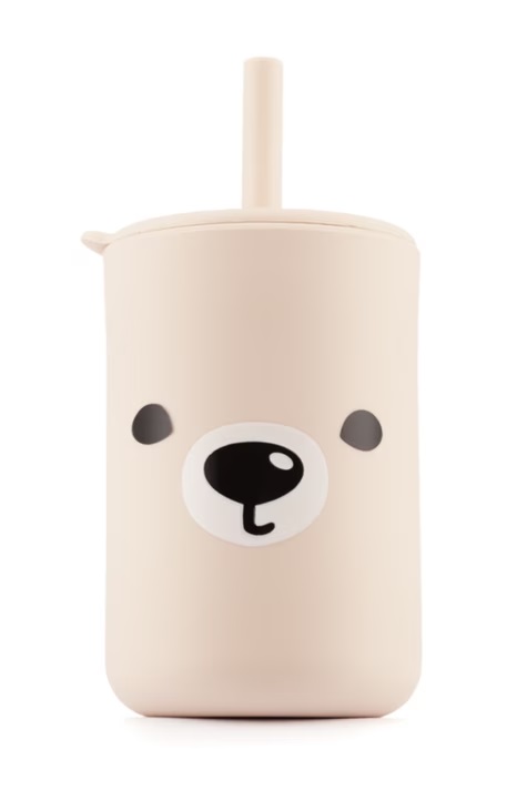 Cana din silicon pentru copii cu capac si pai 200 ml Kidnort Teddy Bej