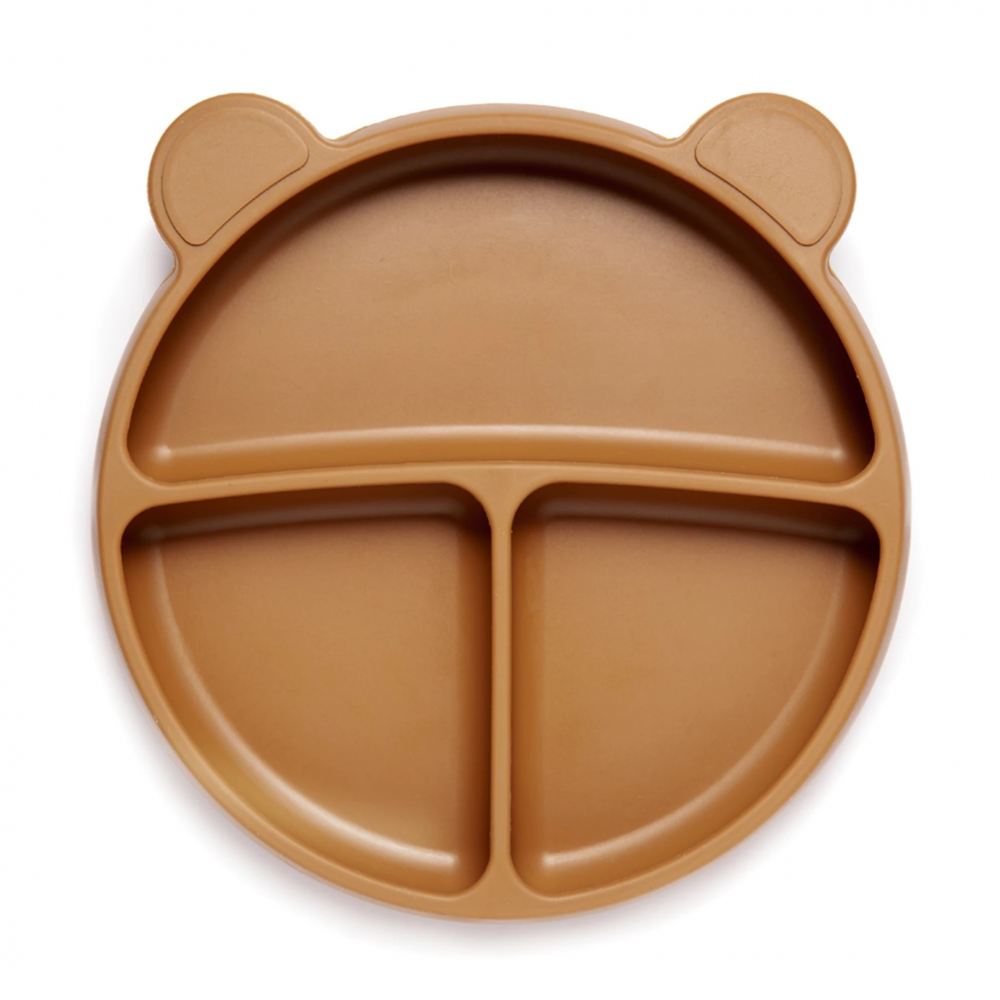 Farfurie din silicon cu 3 compartimente si ventuza Round Kidnort Teddy Brown