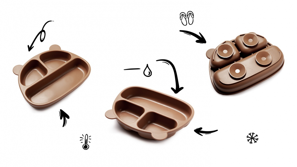 Farfurie din silicon cu 3 compartimente si ventuze Kidnort Teddy Brown - 1 | YEO