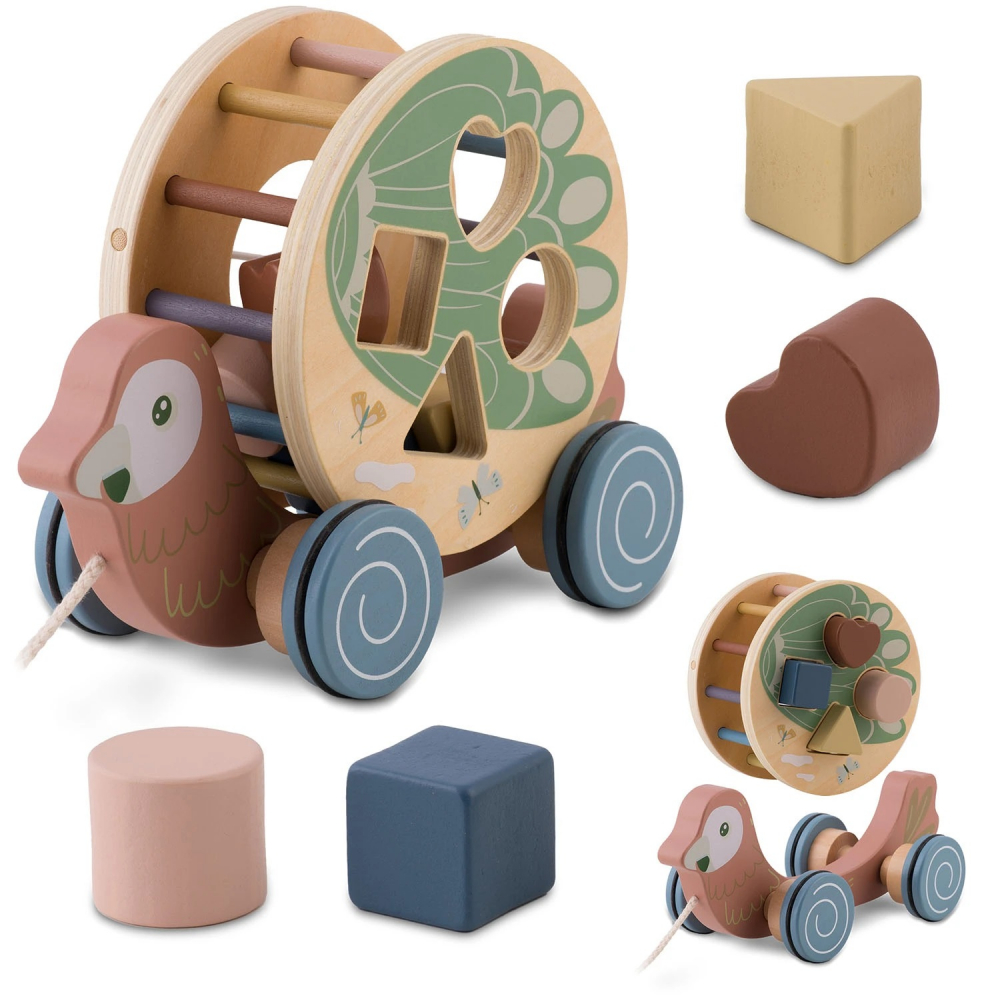 Jucarie educativa din lemn cu snur pentru tras Nukido Parrot