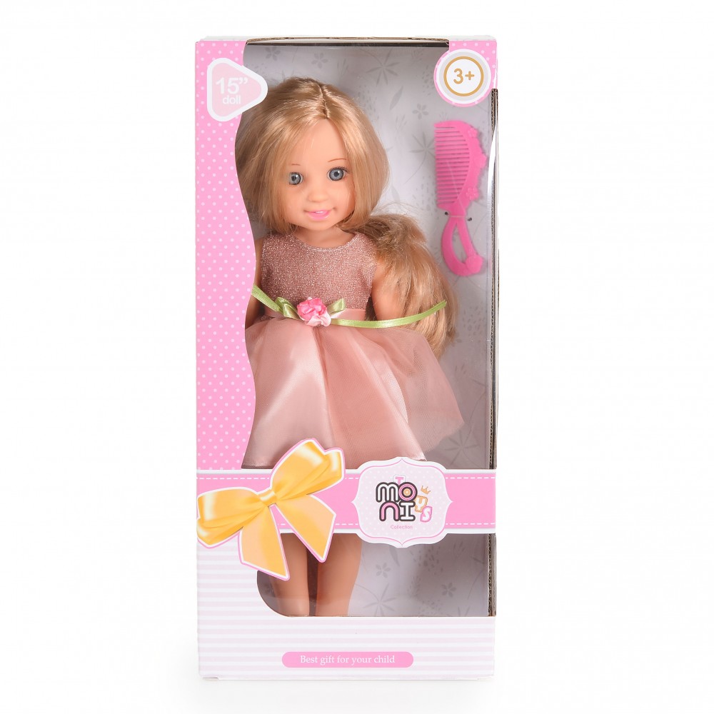 Papusa Moni Pretty Girl Roz 38 cm cu par blond, accesorii si rochita din tull roz