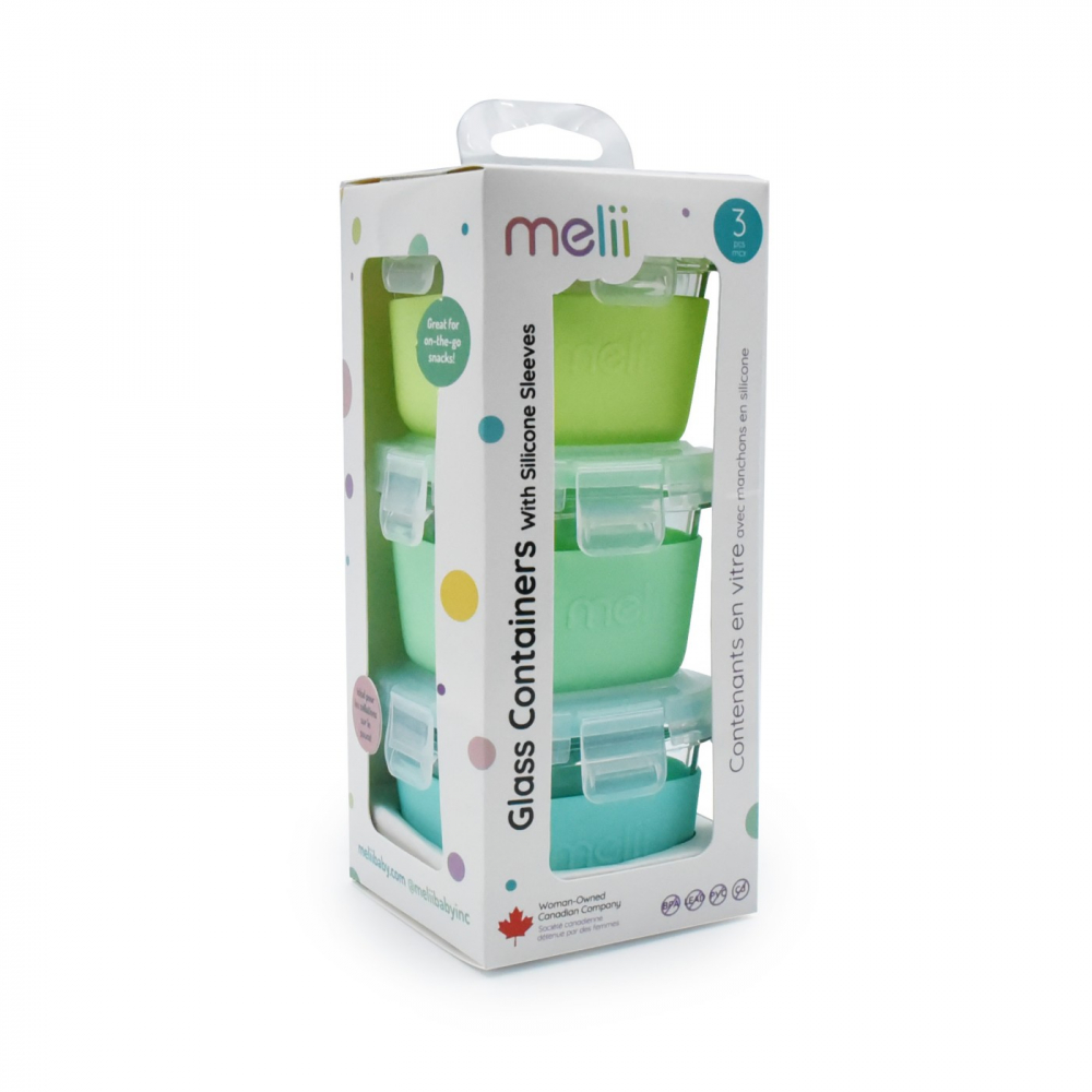 Set 3 recipiente sticla cu husa din silicon Melii bluemint lime 160 ml