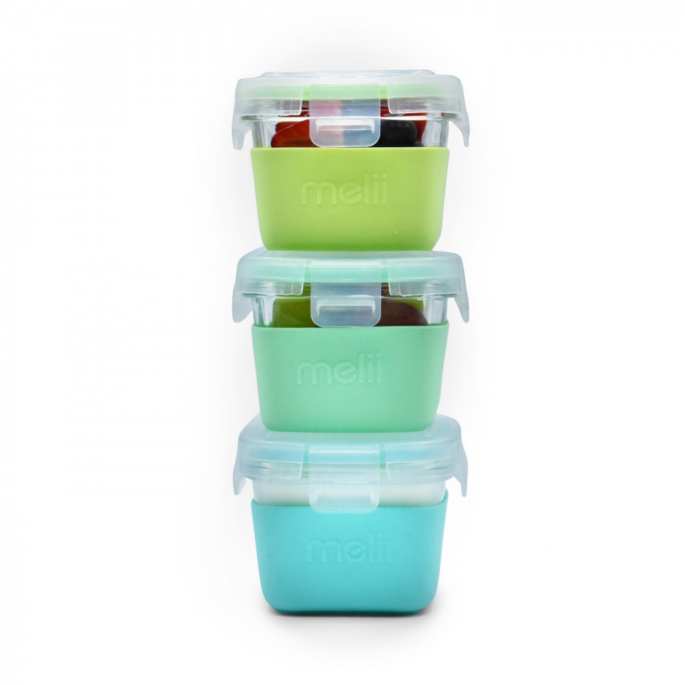 Set 3 recipiente sticla cu husa din silicon Melii bluemint lime 160 ml