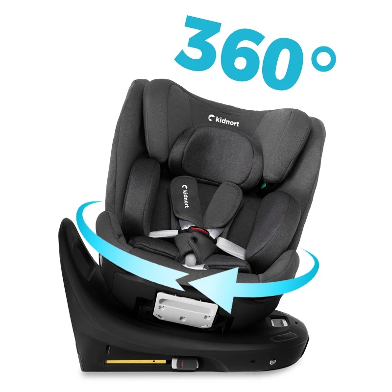 Scaun auto cu baza isofix rotativ 360 i-Size 40-150cm si picior stabilizator Kidnort Orn Grey