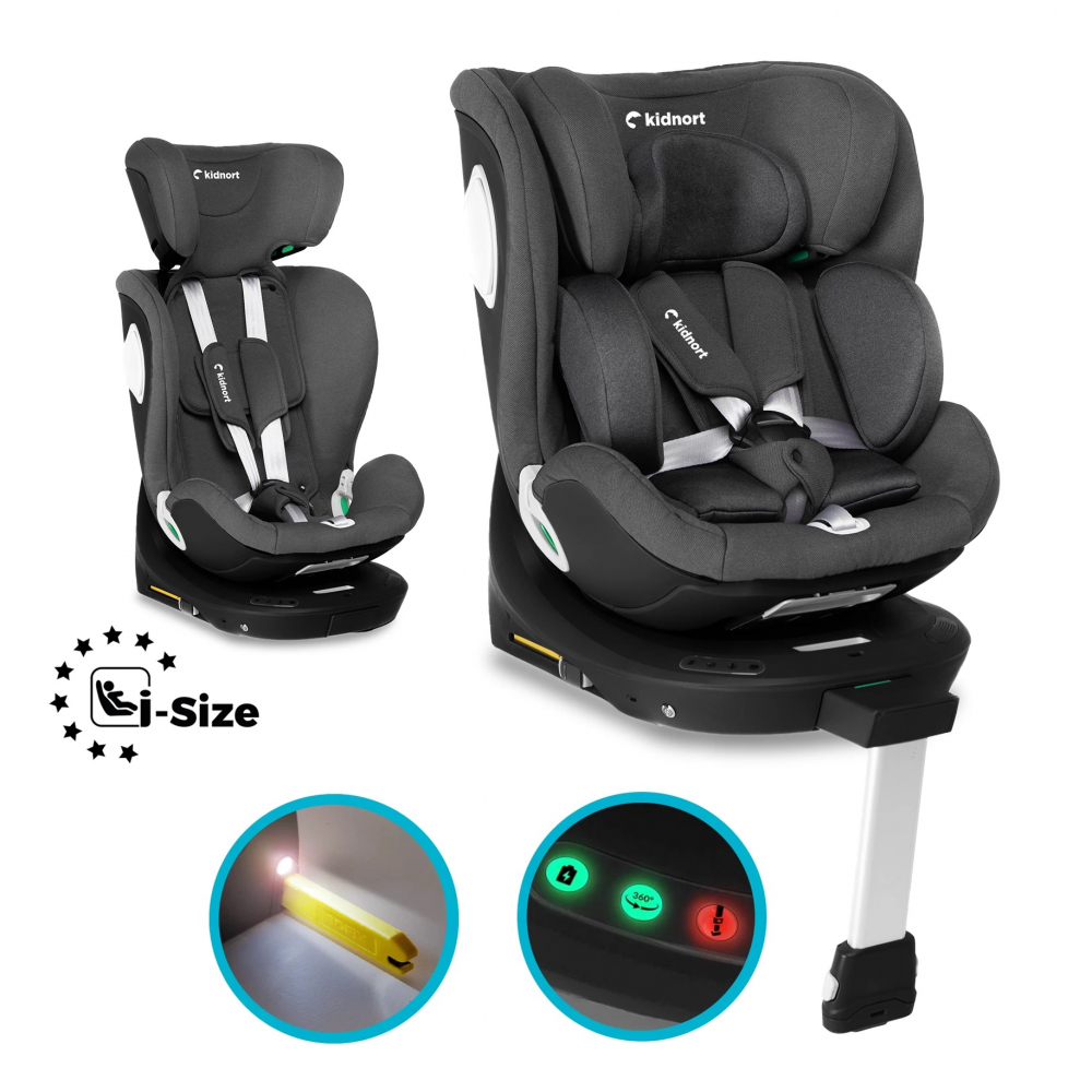 Scaun auto cu baza isofix rotativ 360 i-Size 40-150cm si picior stabilizator Kidnort Orn Grey - 8