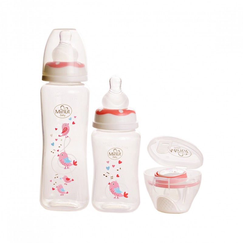 Set 2 biberoane 125 ml si 250 ml + suzeta in cutie sterilizare Minut Baby 0+ piersica