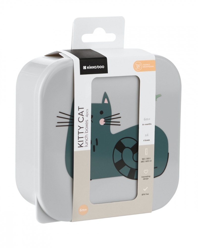 Set 4 cutii pentru pranz KikkaBoo Kitty Cat Grey