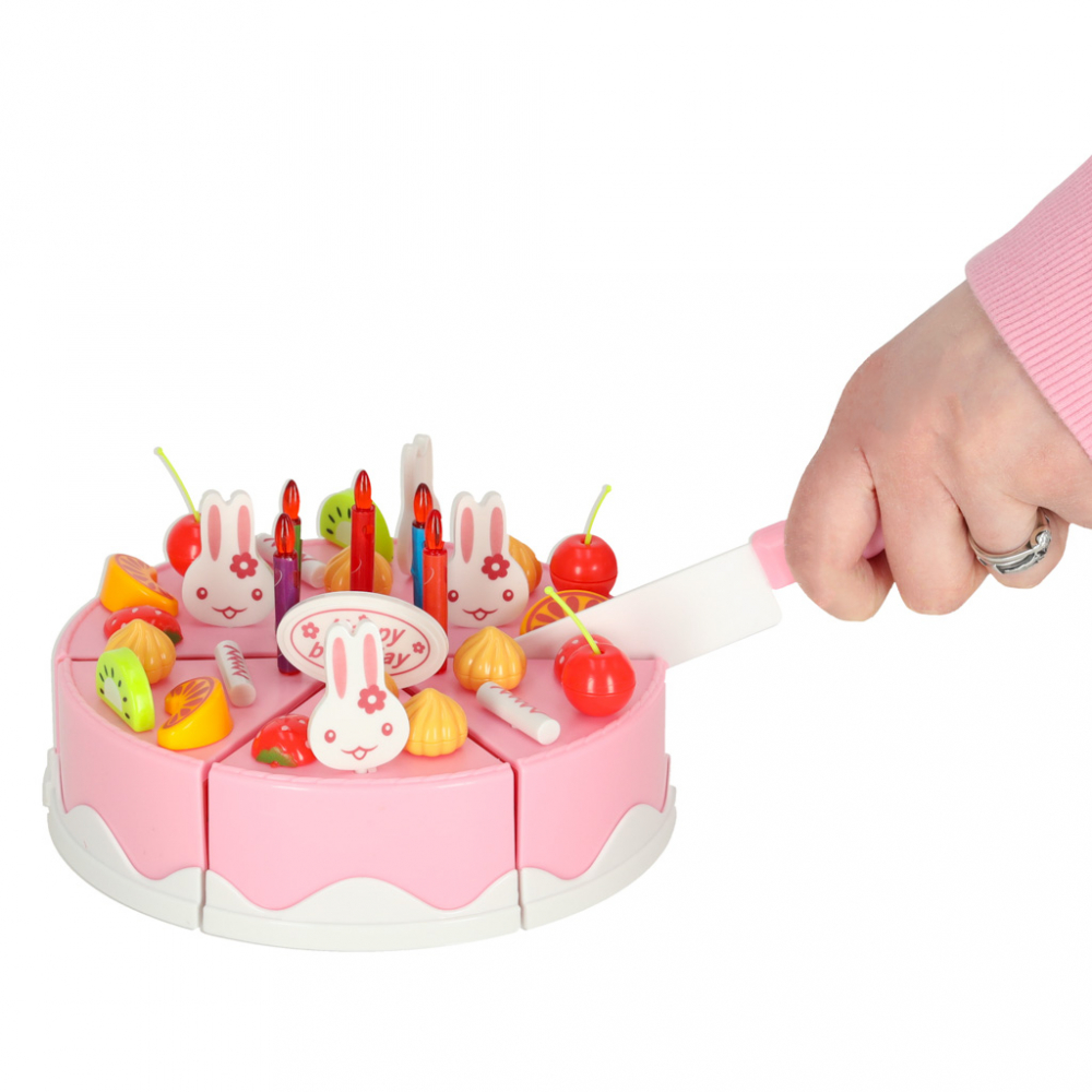 Set de joaca pentru copii, Ikonka, Tort Aniversar feliabil cu prindere velcro, si prajituri, 75 elemente, Happy Birthday Pink