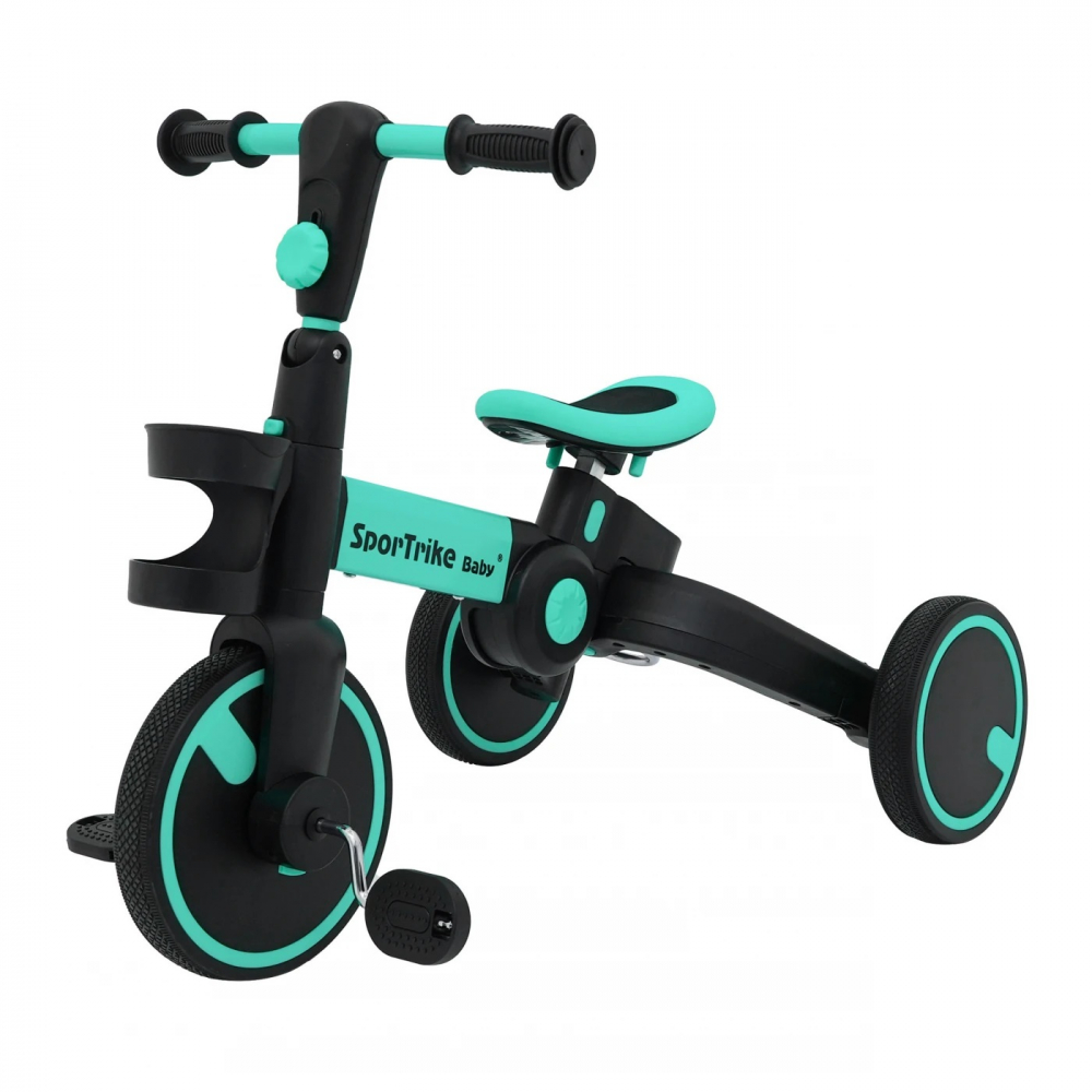 Tricicleta pentru copii SporTrike Happy Albastru 3 in 1, control al directiei, roti din cauciuc si sistem roata libera