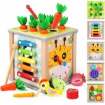 Cub educational pentru copii, NiceKids, cu activitati multiple 6 in 1, tip Montessori, cu Xifofon, angrenaje rotative, Ceas, realizat din lemn, dimensiune 15.5 x 15.5 x 16 cm